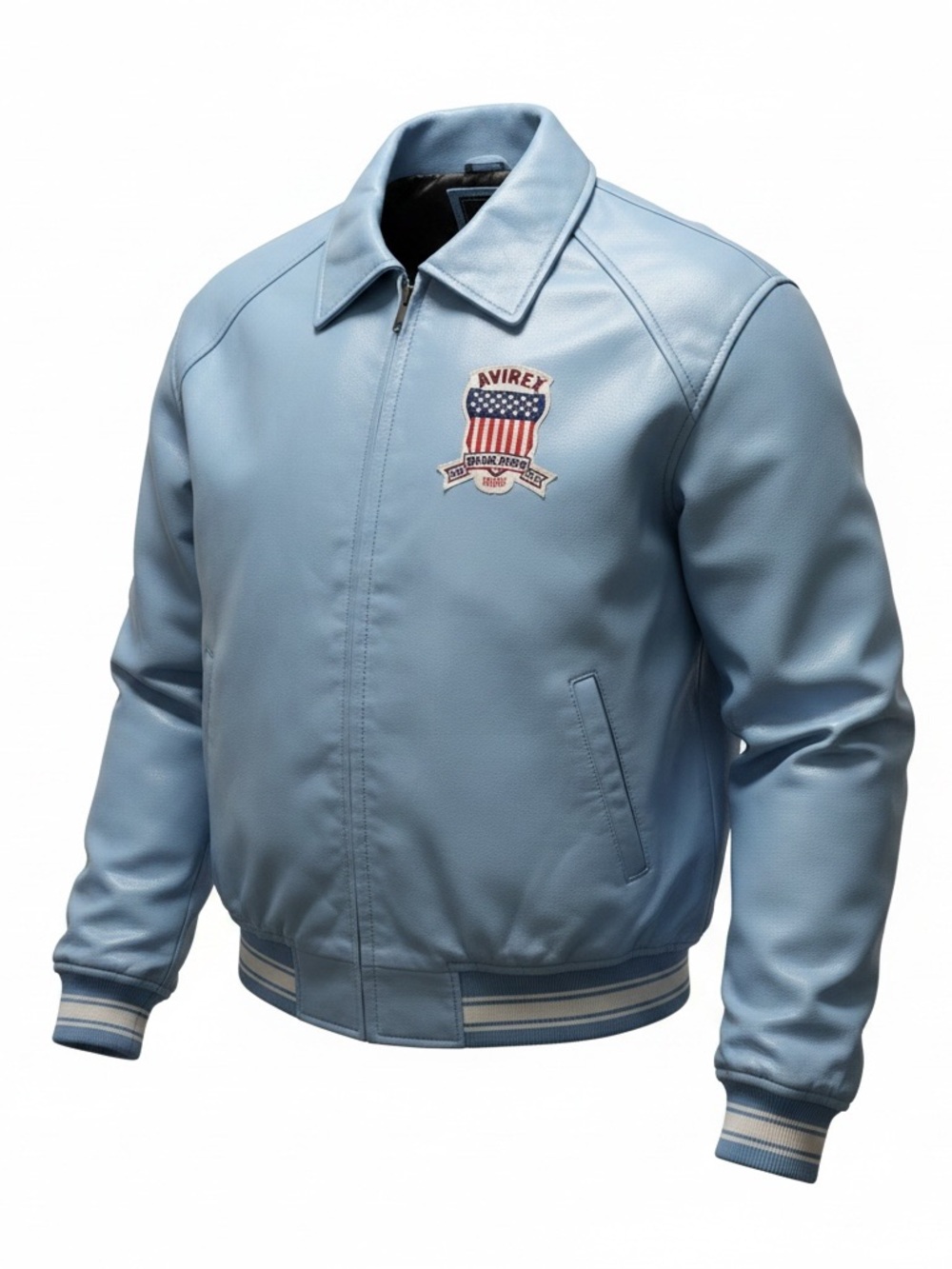 Avirex Pale Blue Leather Bomber Jacket with Patriotic Patch